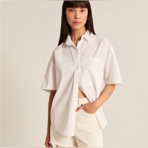 Abercrombie & Fitch White Oversized Short-Sleeve Poplin Button-Up Shirt - XS